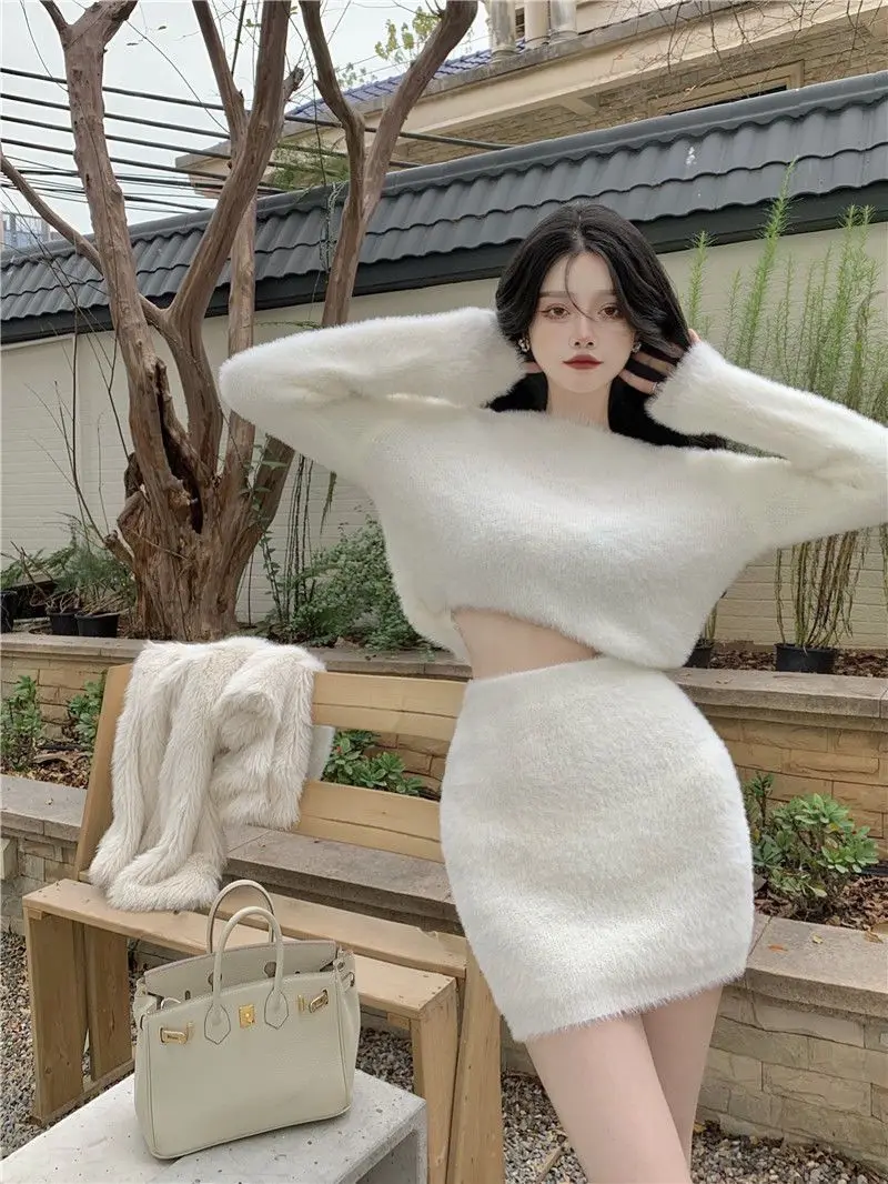 Blue Mohair Sweater Women's Autumn and Winter 2022 Fashion White Slim Outer Hip Skirt Two-piece Women's Short Skirt Set