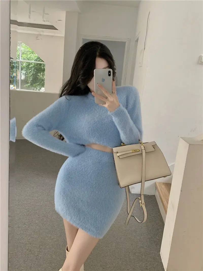 Blue Mohair Sweater Women's Autumn and Winter 2022 Fashion White Slim Outer Hip Skirt Two-piece Women's Short Skirt Set