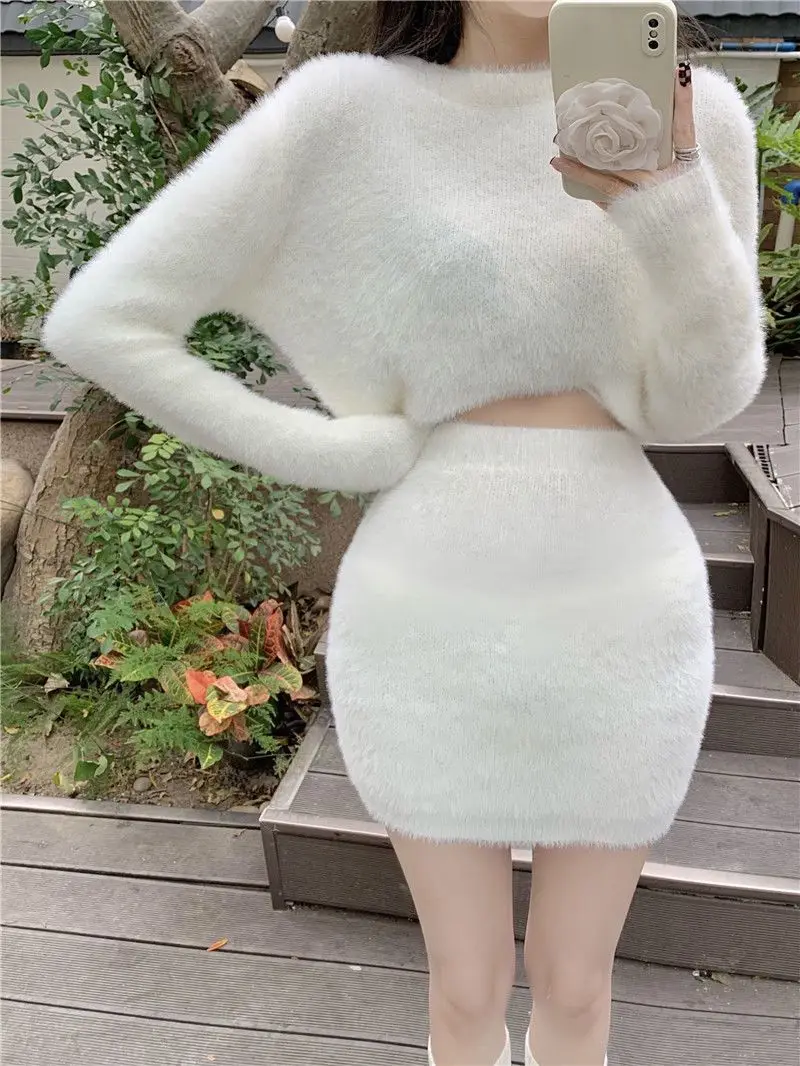Blue Mohair Sweater Women's Autumn and Winter 2022 Fashion White Slim Outer Hip Skirt Two-piece Women's Short Skirt Set