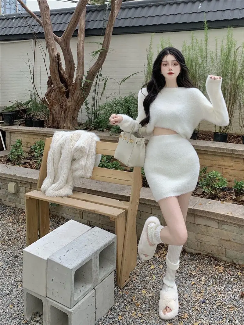 Blue Mohair Sweater Women's Autumn and Winter 2022 Fashion White Slim Outer Hip Skirt Two-piece Women's Short Skirt Set