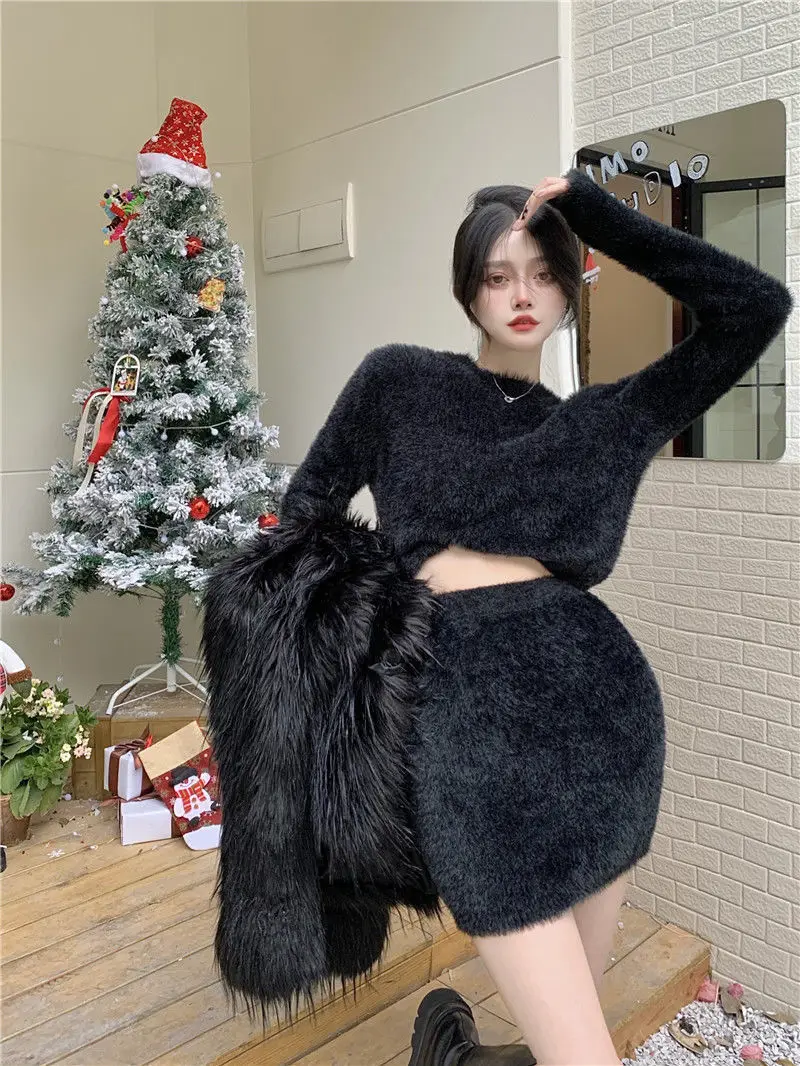 Blue Mohair Sweater Women's Autumn and Winter 2022 Fashion White Slim Outer Hip Skirt Two-piece Women's Short Skirt Set