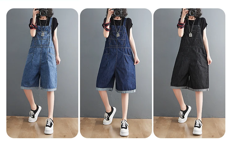 Spring Summer Jean Short Jumpsuits Women Casual Streetwear Loose Wide Leg Shorts Denim Overalls Straps Rompers Cargo Baggy Pants