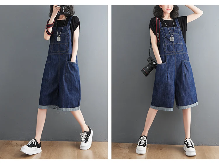 Spring Summer Jean Short Jumpsuits Women Casual Streetwear Loose Wide Leg Shorts Denim Overalls Straps Rompers Cargo Baggy Pants