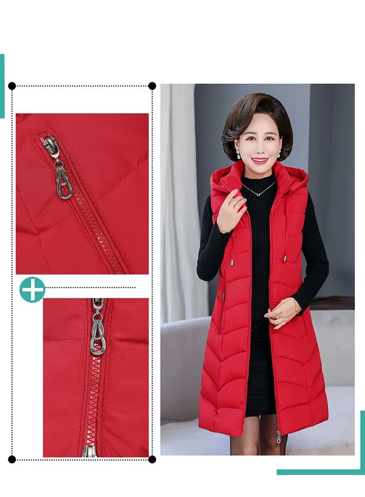 Oversized 6XL Mother Waistcoat Jacket Autumn Winte Women's Cotton Hooded Vest Coat Fashion Thicken Long Slim Sleeveless Outwear