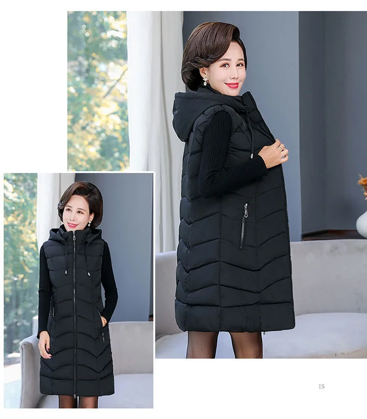 Oversized 6XL Mother Waistcoat Jacket Autumn Winte Women's Cotton Hooded Vest Coat Fashion Thicken Long Slim Sleeveless Outwear