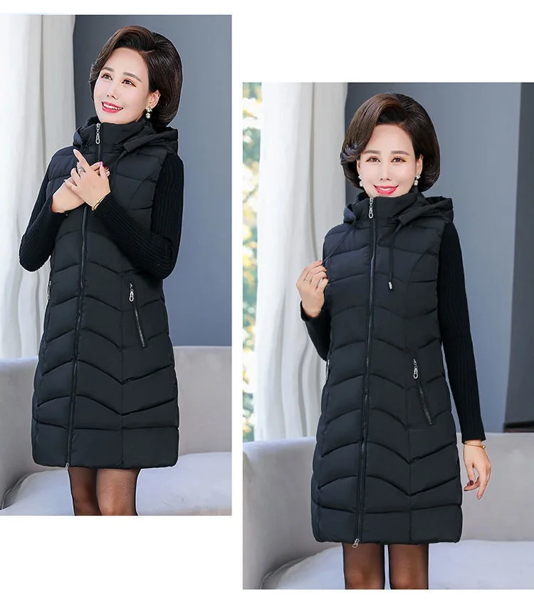 Oversized 6XL Mother Waistcoat Jacket Autumn Winte Women's Cotton Hooded Vest Coat Fashion Thicken Long Slim Sleeveless Outwear