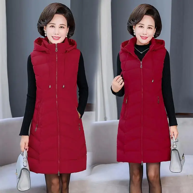 Oversized 6XL Mother Waistcoat Jacket Autumn Winte Women's Cotton Hooded Vest Coat Fashion Thicken Long Slim Sleeveless Outwear