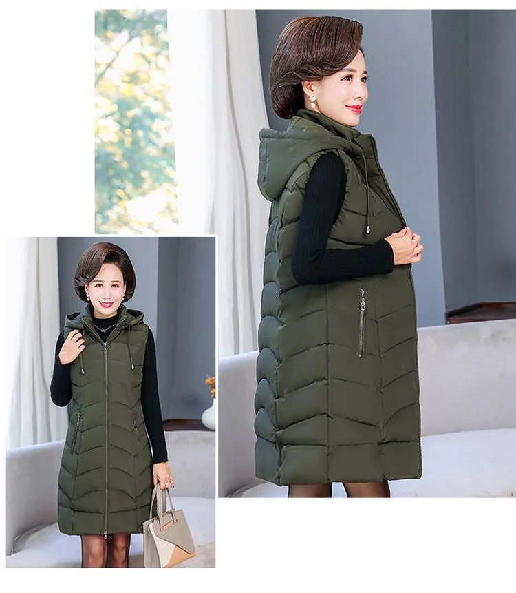 Oversized 6XL Mother Waistcoat Jacket Autumn Winte Women's Cotton Hooded Vest Coat Fashion Thicken Long Slim Sleeveless Outwear