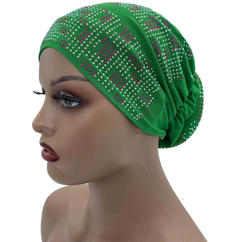 2022 New Women Full Diamonds Donut Turban Cap Elastic Muslim Hijab Bonnet Hat Ladies Headband Turbans African India Caps