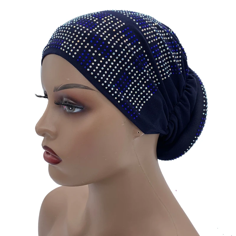 2022 New Women Full Diamonds Donut Turban Cap Elastic Muslim Hijab Bonnet Hat Ladies Headband Turbans African India Caps