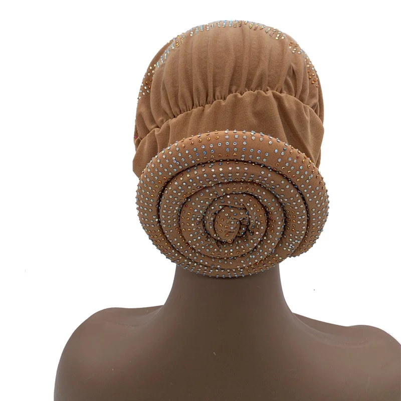 2022 New Women Full Diamonds Donut Turban Cap Elastic Muslim Hijab Bonnet Hat Ladies Headband Turbans African India Caps