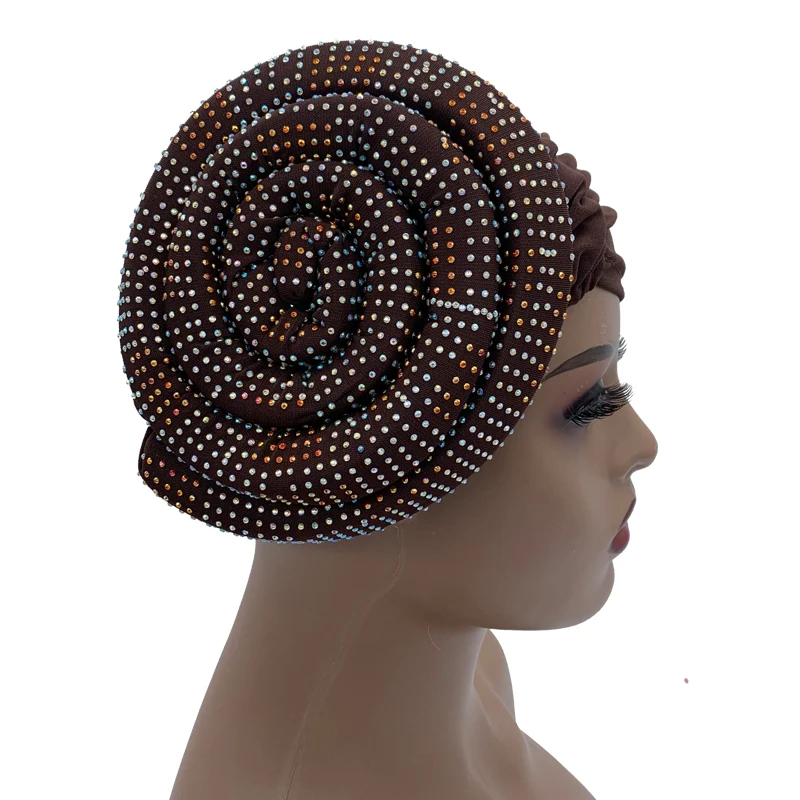 2022 New Women Full Diamonds Donut Turban Cap Elastic Muslim Hijab Bonnet Hat Ladies Headband Turbans African India Caps