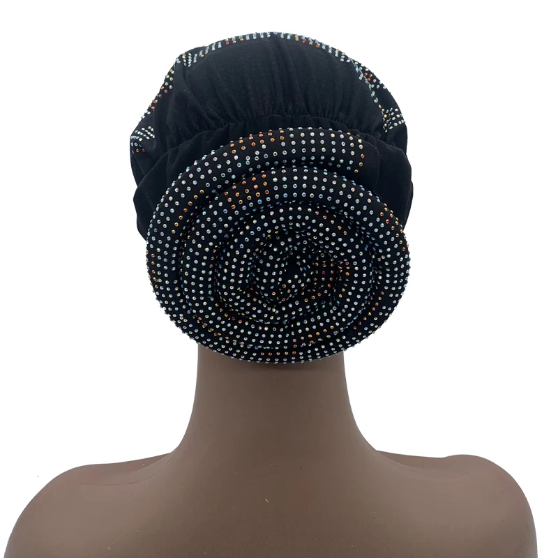 2022 New Women Full Diamonds Donut Turban Cap Elastic Muslim Hijab Bonnet Hat Ladies Headband Turbans African India Caps