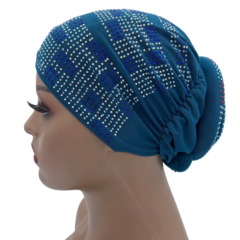 2022 New Women Full Diamonds Donut Turban Cap Elastic Muslim Hijab Bonnet Hat Ladies Headband Turbans African India Caps