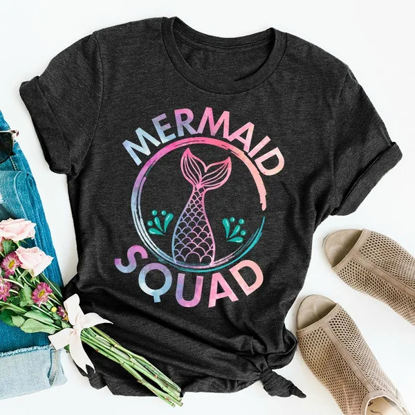 Colorful Mermaid Squad Print T Shirt Women Short Sleeve O Neck Loose Tshirt Summer Women Tee Shirt Tops Camisetas Mujer