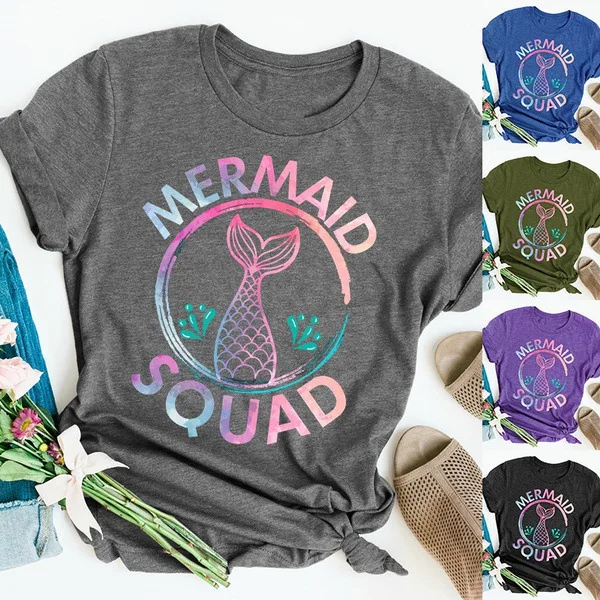 Colorful Mermaid Squad Print T Shirt Women Short Sleeve O Neck Loose Tshirt Summer Women Tee Shirt Tops Camisetas Mujer