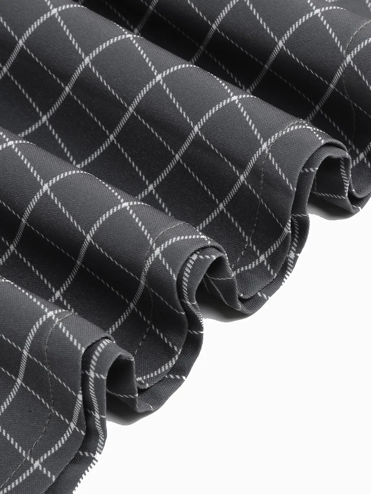 Tonval Notched Collar Single Breasted Women Grey Plaid Rockabilly Long Dresses High Waist Belted Vintage A-Line Dress 2023