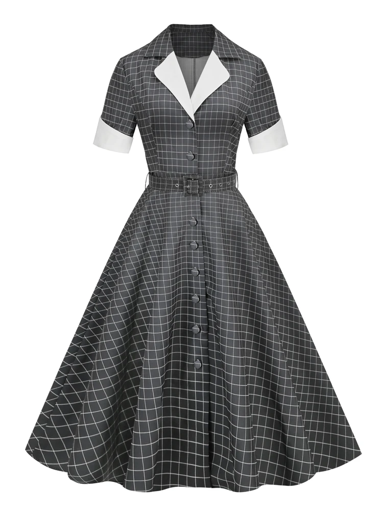 Tonval Notched Collar Single Breasted Women Grey Plaid Rockabilly Long Dresses High Waist Belted Vintage A-Line Dress 2023