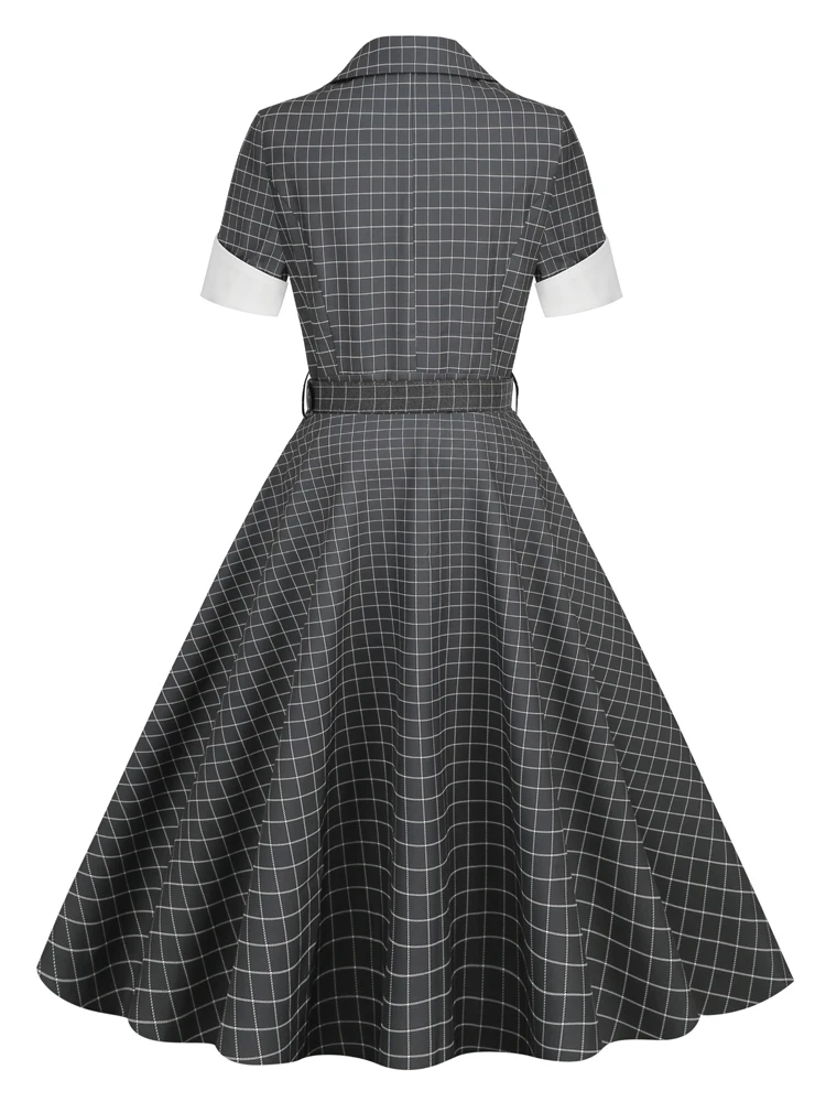 Tonval Notched Collar Single Breasted Women Grey Plaid Rockabilly Long Dresses High Waist Belted Vintage A-Line Dress 2023
