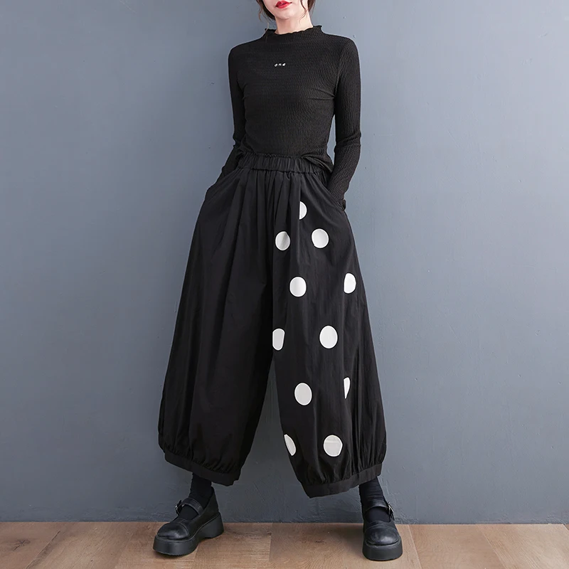 Black Vintage Polka Dot High Elastic Waist Wide Leg Pants Women New Spring Autumn Casual Loose Trousers Fashion Streetwear 2026