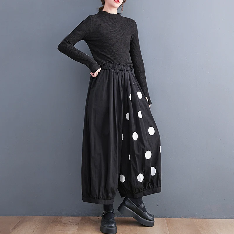 Black Vintage Polka Dot High Elastic Waist Wide Leg Pants Women New Spring Autumn Casual Loose Trousers Fashion Streetwear 2026