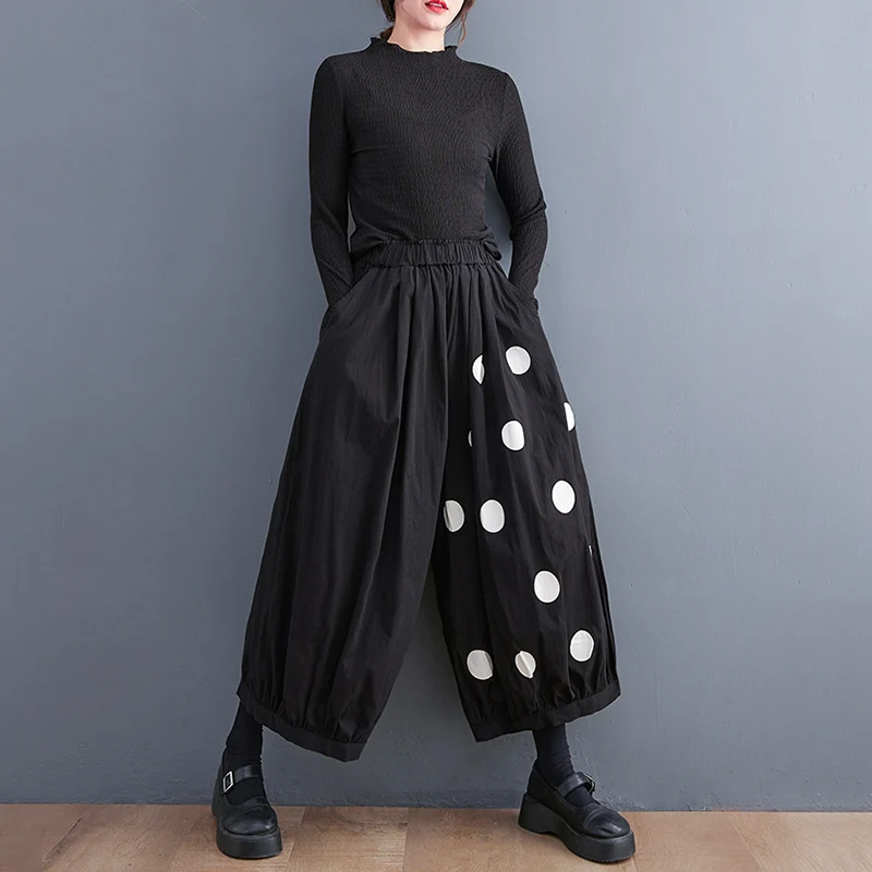 Black Vintage Polka Dot High Elastic Waist Wide Leg Pants Women New Spring Autumn Casual Loose Trousers Fashion Streetwear 2026