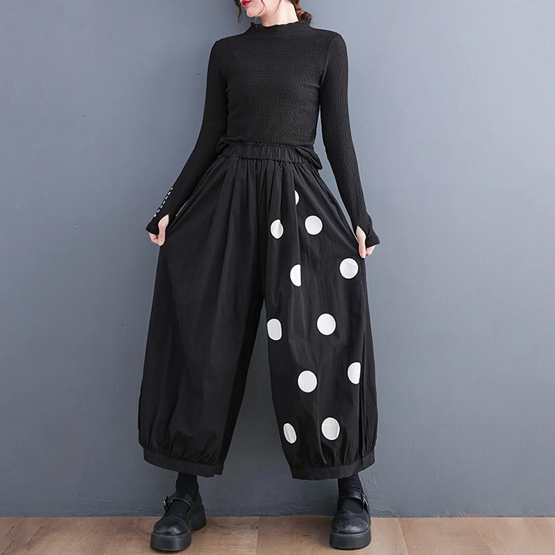 Black Vintage Polka Dot High Elastic Waist Wide Leg Pants Women New Spring Autumn Casual Loose Trousers Fashion Streetwear 2026