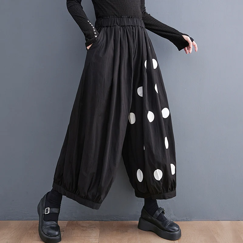 Black Vintage Polka Dot High Elastic Waist Wide Leg Pants Women New Spring Autumn Casual Loose Trousers Fashion Streetwear 2026