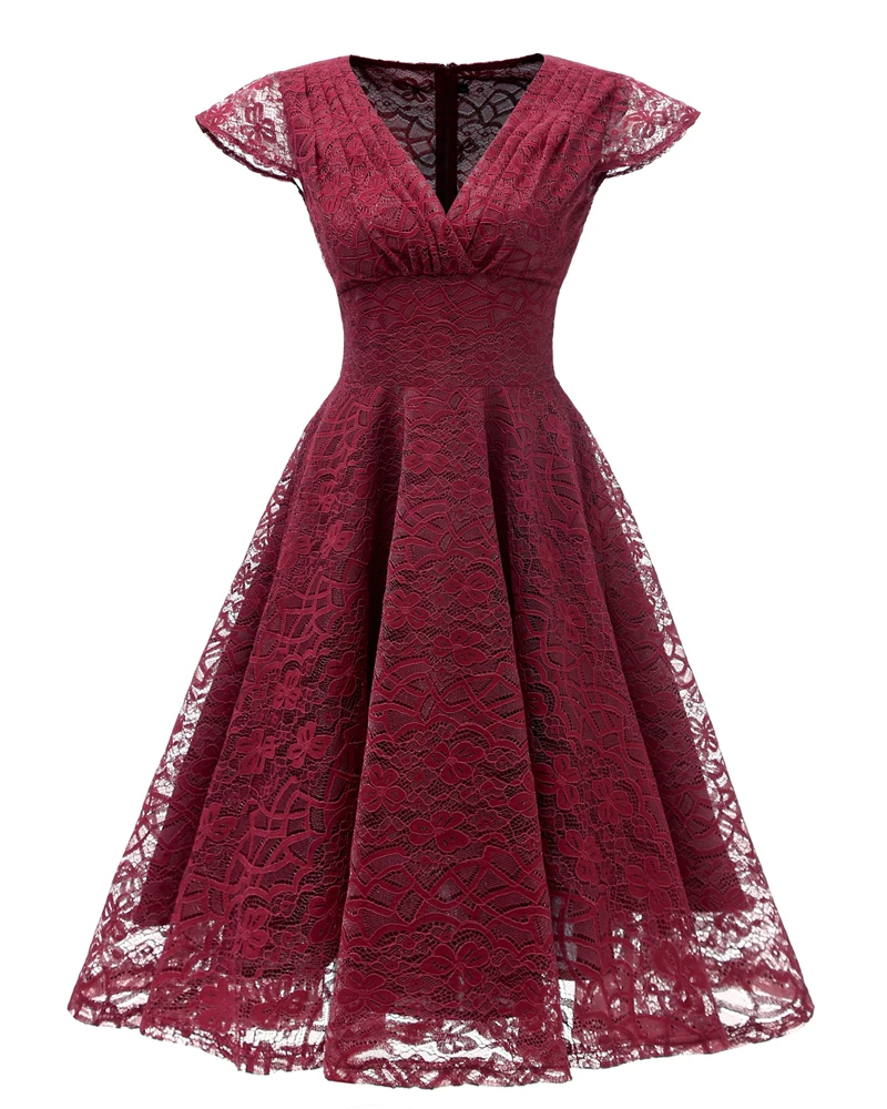 Pink Red Elegant Bridesmaid's Gown Women Vintage Robe Lace Dress Retro V Neck Ladies Party Gowns Formal Dress Vestido De Mujer