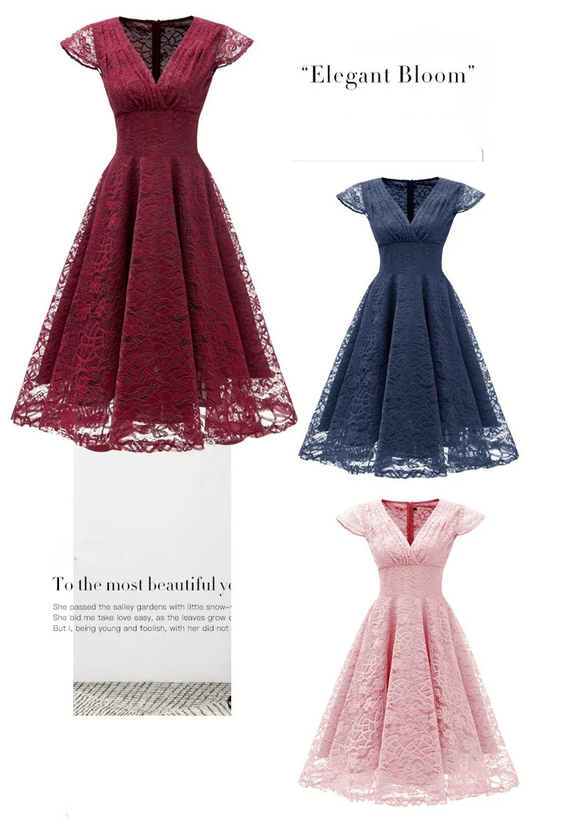 Pink Red Elegant Bridesmaid's Gown Women Vintage Robe Lace Dress Retro V Neck Ladies Party Gowns Formal Dress Vestido De Mujer