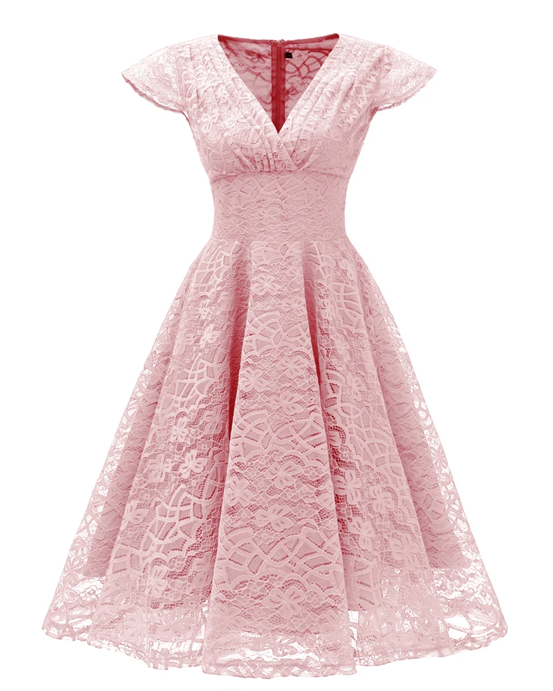 Pink Red Elegant Bridesmaid's Gown Women Vintage Robe Lace Dress Retro V Neck Ladies Party Gowns Formal Dress Vestido De Mujer