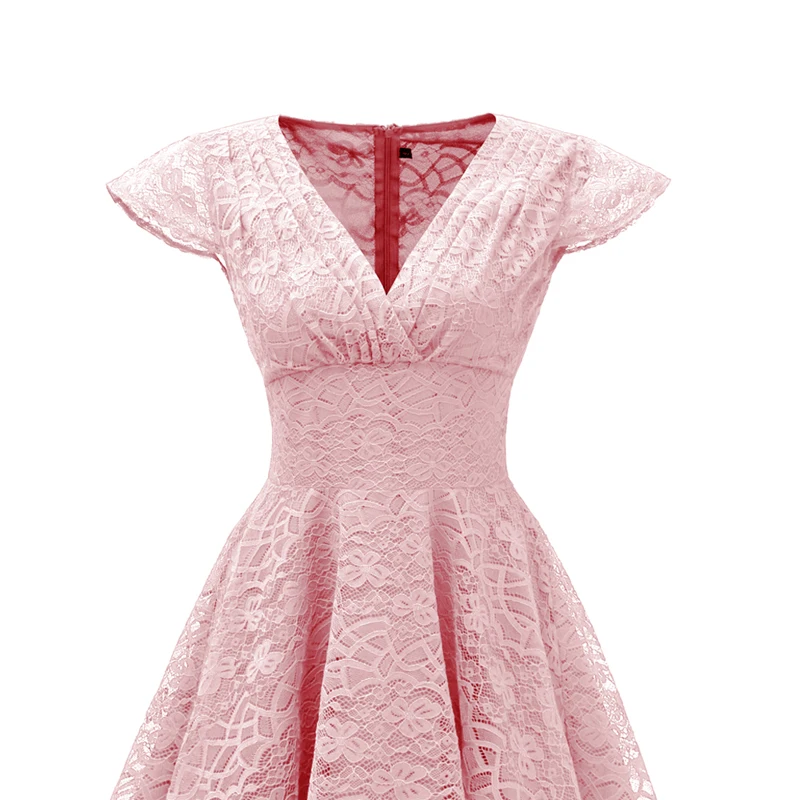 Pink Red Elegant Bridesmaid's Gown Women Vintage Robe Lace Dress Retro V Neck Ladies Party Gowns Formal Dress Vestido De Mujer
