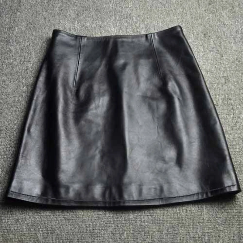 Genuine Leather 2026 A Line Slim Fit Wrap Buttocks Short Skirt Sheepskin High Waisted Skirt Women's Pure Leather Spanking Skirt