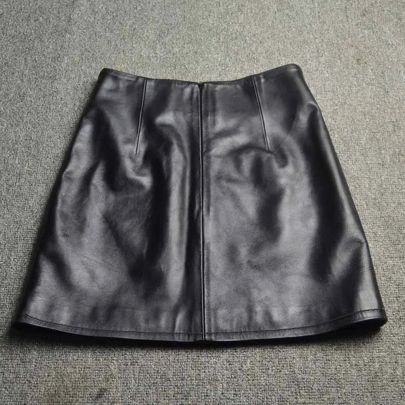 Genuine Leather 2026 A Line Slim Fit Wrap Buttocks Short Skirt Sheepskin High Waisted Skirt Women's Pure Leather Spanking Skirt