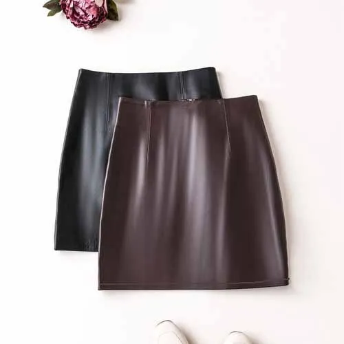 Genuine Leather 2026 A Line Slim Fit Wrap Buttocks Short Skirt Sheepskin High Waisted Skirt Women's Pure Leather Spanking Skirt