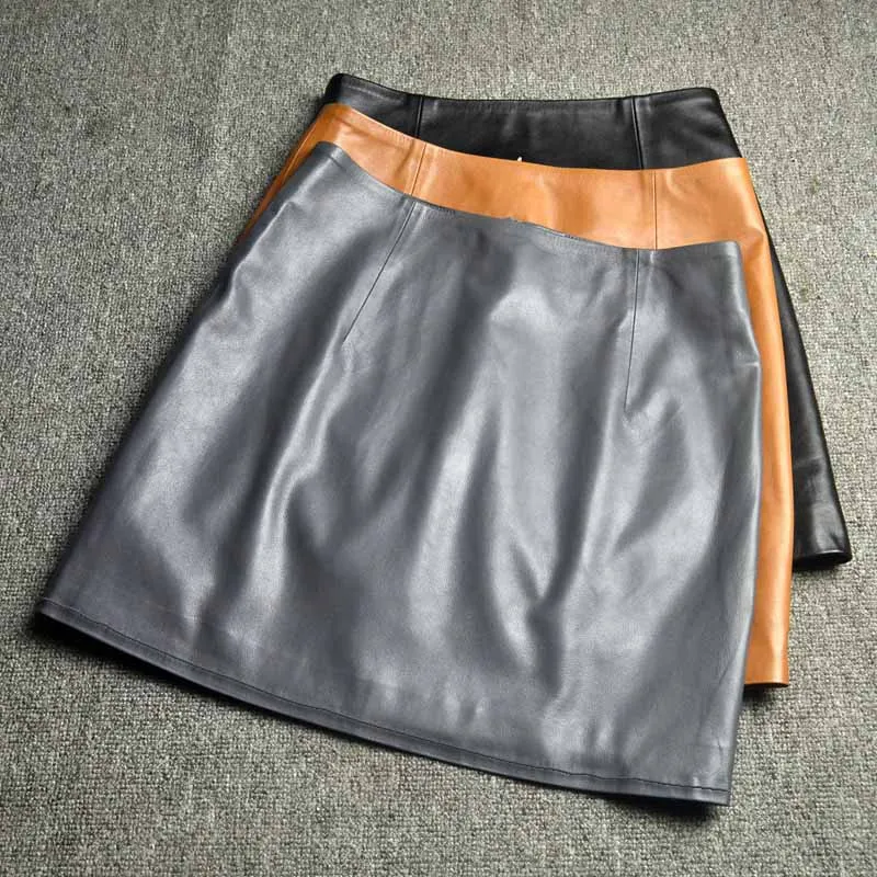 Genuine Leather 2026 A Line Slim Fit Wrap Buttocks Short Skirt Sheepskin High Waisted Skirt Women's Pure Leather Spanking Skirt