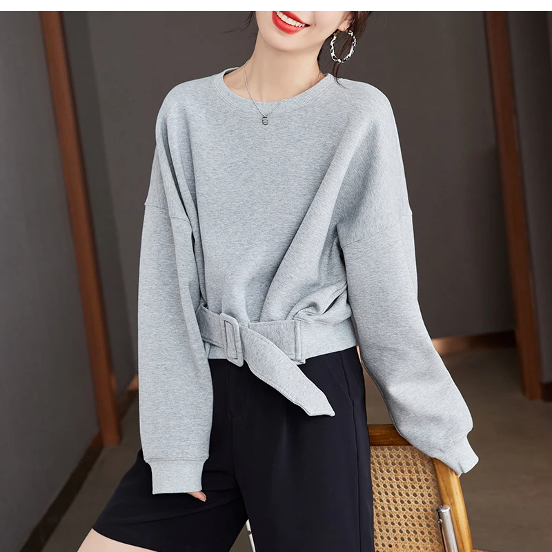 Cropped Tops Short Sweatshirts Fall Winter Women Plain Long Sleeve Belt Waist Loose Casual Oversize Pullover Korean Short Jumper