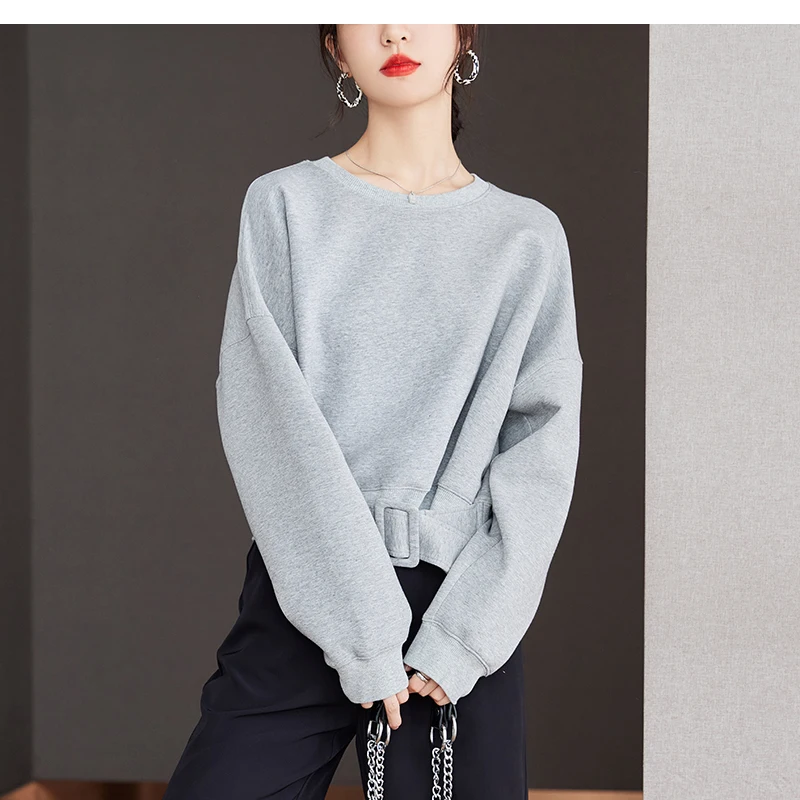 Cropped Tops Short Sweatshirts Fall Winter Women Plain Long Sleeve Belt Waist Loose Casual Oversize Pullover Korean Short Jumper