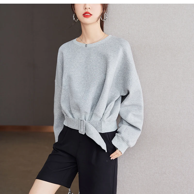 Cropped Tops Short Sweatshirts Fall Winter Women Plain Long Sleeve Belt Waist Loose Casual Oversize Pullover Korean Short Jumper