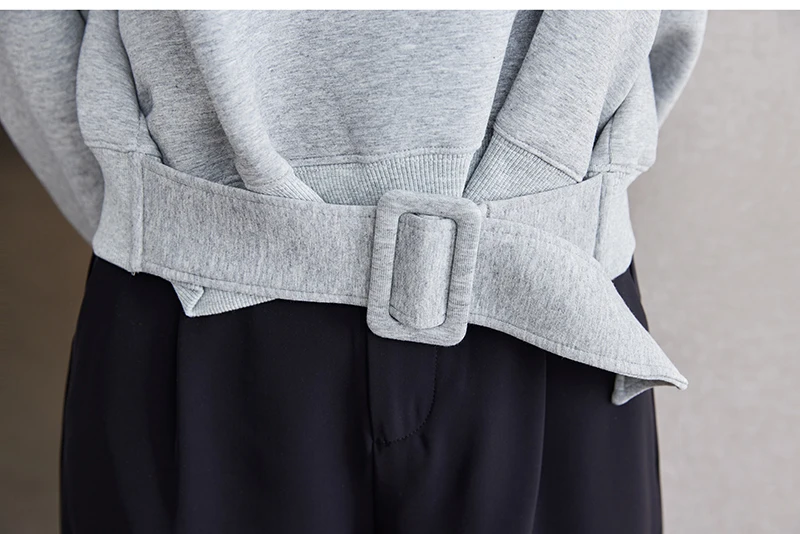 Cropped Tops Short Sweatshirts Fall Winter Women Plain Long Sleeve Belt Waist Loose Casual Oversize Pullover Korean Short Jumper