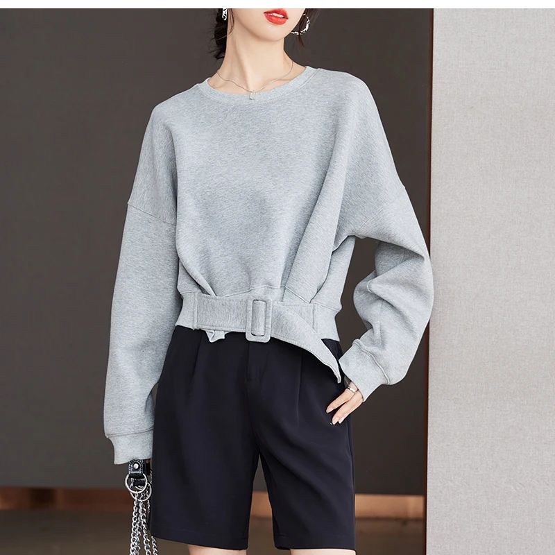 Cropped Tops Short Sweatshirts Fall Winter Women Plain Long Sleeve Belt Waist Loose Casual Oversize Pullover Korean Short Jumper