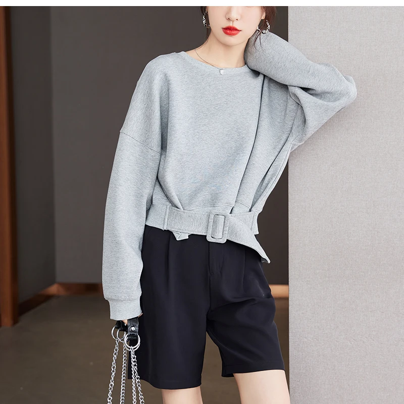 Cropped Tops Short Sweatshirts Fall Winter Women Plain Long Sleeve Belt Waist Loose Casual Oversize Pullover Korean Short Jumper
