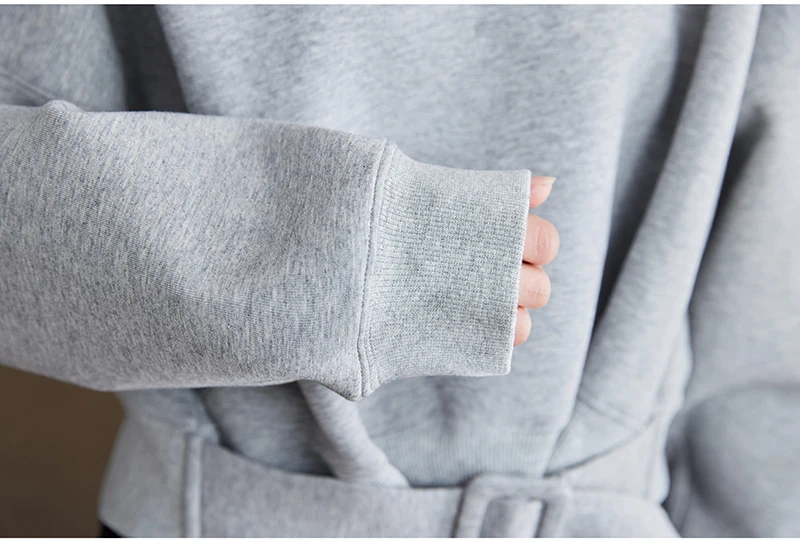 Cropped Tops Short Sweatshirts Fall Winter Women Plain Long Sleeve Belt Waist Loose Casual Oversize Pullover Korean Short Jumper