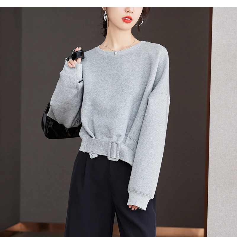 Cropped Tops Short Sweatshirts Fall Winter Women Plain Long Sleeve Belt Waist Loose Casual Oversize Pullover Korean Short Jumper