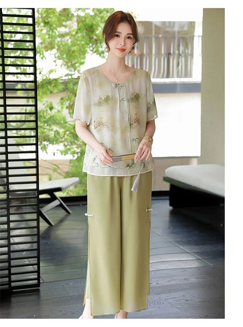 Mid aged Mother Summer Suit 2026 New Women's Short Sleeve Top Foreign Chiffon Two Piece Set Female Elegant Print Set