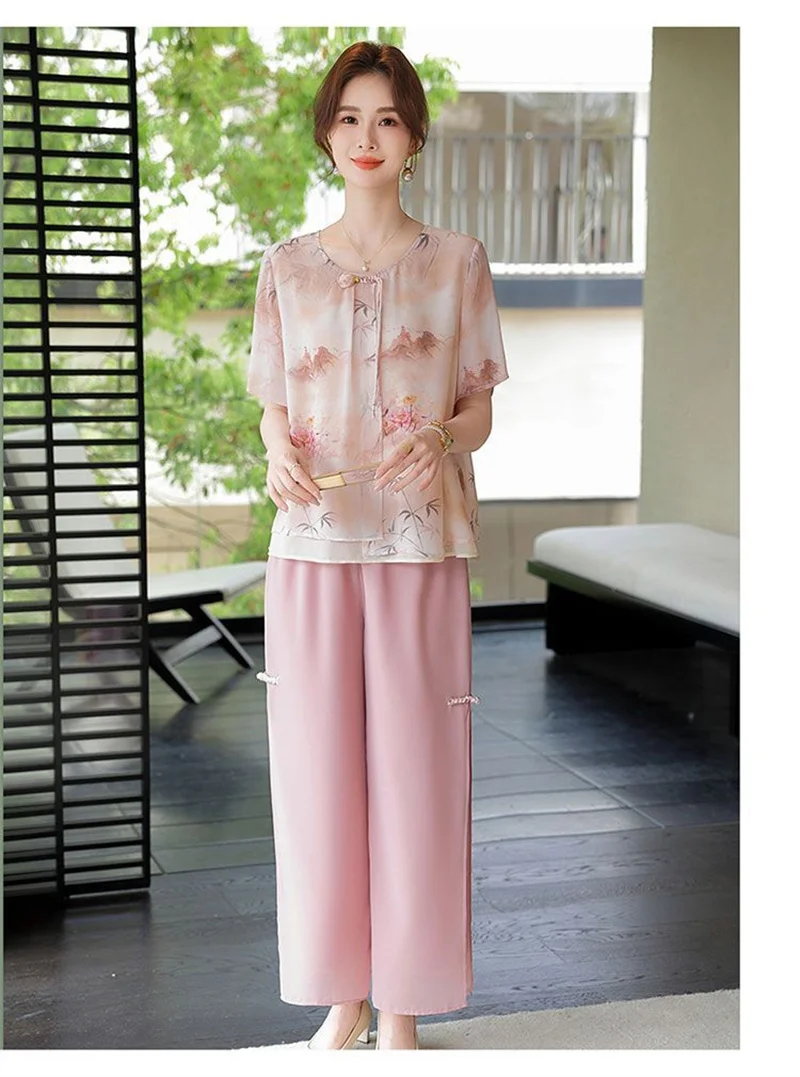 Mid aged Mother Summer Suit 2026 New Women's Short Sleeve Top Foreign Chiffon Two Piece Set Female Elegant Print Set