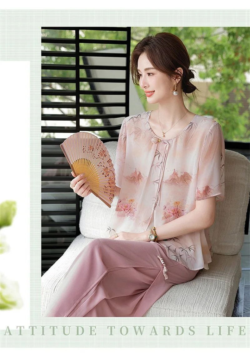 Mid aged Mother Summer Suit 2026 New Women's Short Sleeve Top Foreign Chiffon Two Piece Set Female Elegant Print Set