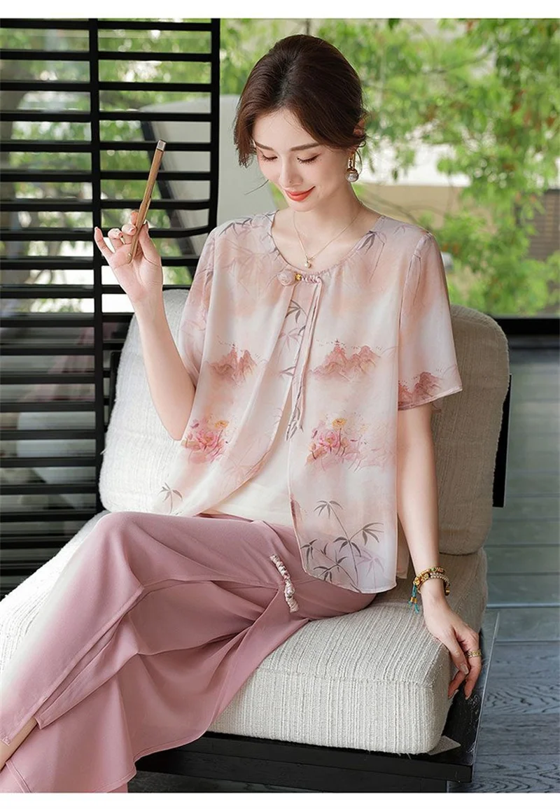 Mid aged Mother Summer Suit 2026 New Women's Short Sleeve Top Foreign Chiffon Two Piece Set Female Elegant Print Set