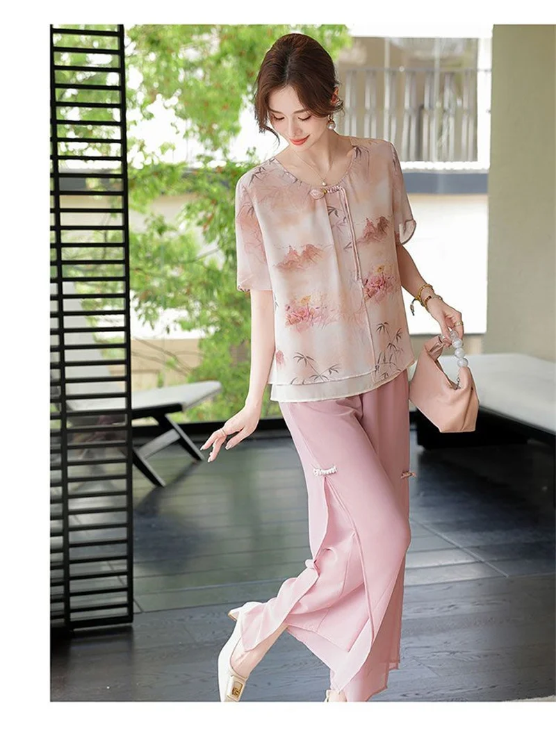 Mid aged Mother Summer Suit 2026 New Women's Short Sleeve Top Foreign Chiffon Two Piece Set Female Elegant Print Set