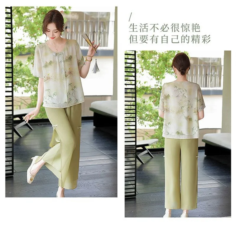 Mid aged Mother Summer Suit 2026 New Women's Short Sleeve Top Foreign Chiffon Two Piece Set Female Elegant Print Set